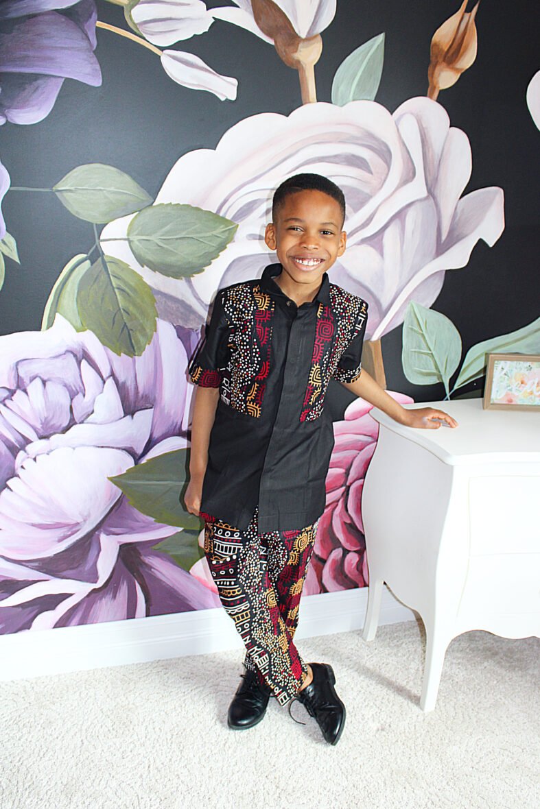 2pc Ankara Print & Plain Stylish Hidden Button Down Collar Men and Boy’s pant set