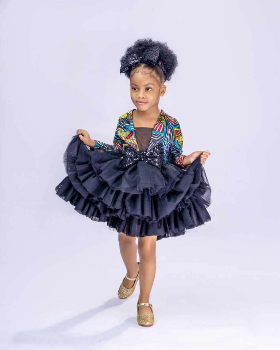 Girls 4 Tiered Tulle Sequin Ankara Long Sleeves Dress