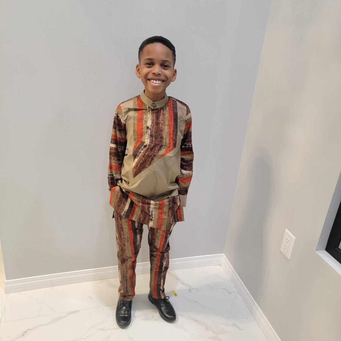 Brown Stripe Boys and Mens Ankara African Suit Senator Up and Down Kaftan Dashiki long sleeves 2pcs set