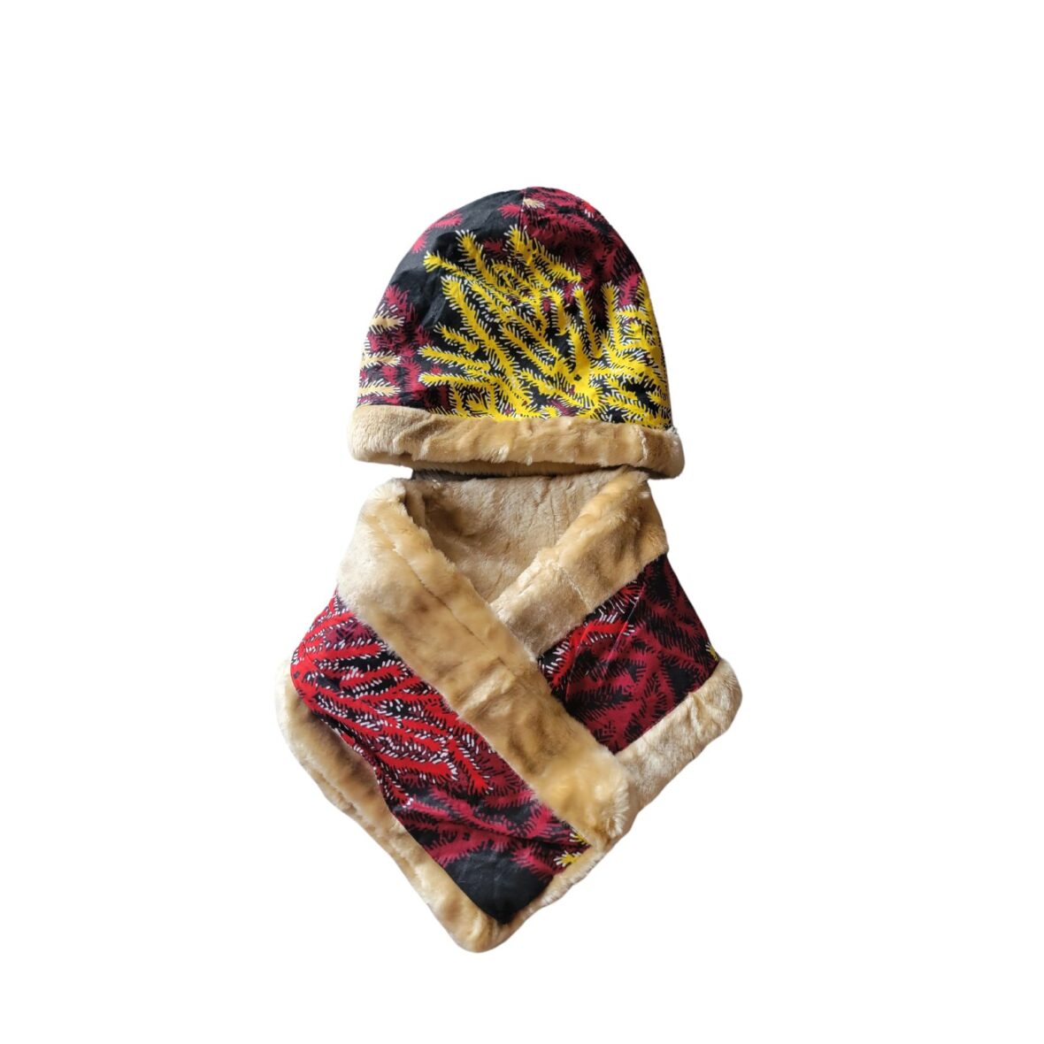2 In 1 Faux Fur And African Ankara Head Warmer Beanies And Neck Warmer Scarf