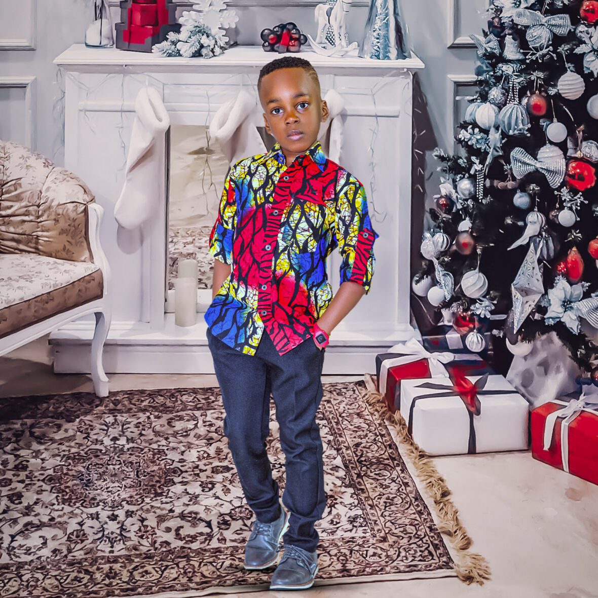 Boys and Mens Christmas Matching Family African Ankara Roll-Up Box Pleat Shirt