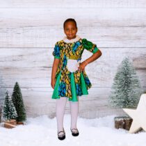Green Girls Puff Sleeve Six Pieces Flare Detachable Santa Hat And Fur Neck Ankara Dress - Kiddies Vibe