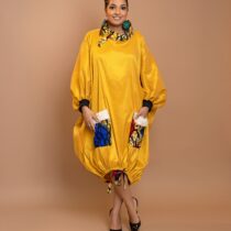 Womens Puff Sleeve Raw Silk and Ankara Tie Short Dress - Kiddies Vibe